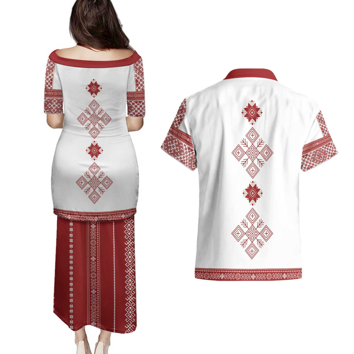 Latvia Jani Midsummer Couples Matching Puletasi and Hawaiian Shirt Red White Latvijas Auseklis