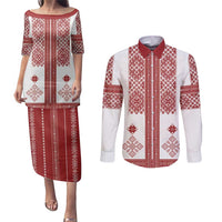 Latvia Jani Midsummer Couples Matching Puletasi and Long Sleeve Button Shirt Red White Latvijas Auseklis