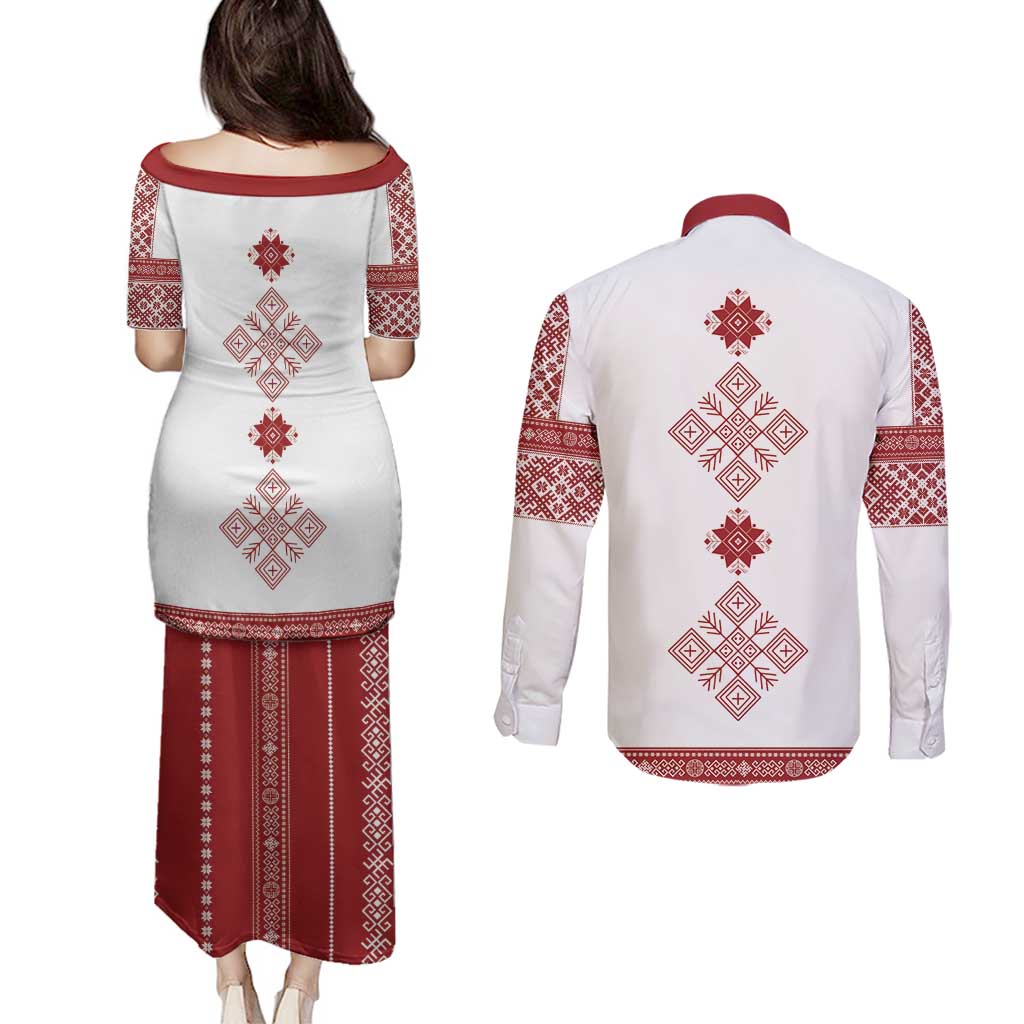 Latvia Jani Midsummer Couples Matching Puletasi and Long Sleeve Button Shirt Red White Latvijas Auseklis
