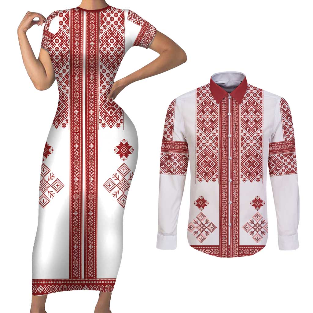 Latvia Jani Midsummer Couples Matching Short Sleeve Bodycon Dress and Long Sleeve Button Shirt Red White Latvijas Auseklis