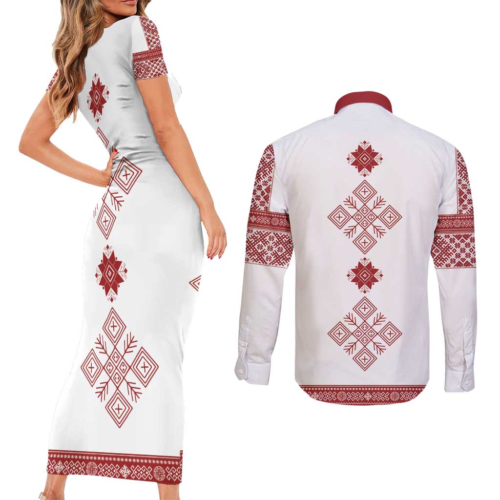 Latvia Jani Midsummer Couples Matching Short Sleeve Bodycon Dress and Long Sleeve Button Shirt Red White Latvijas Auseklis