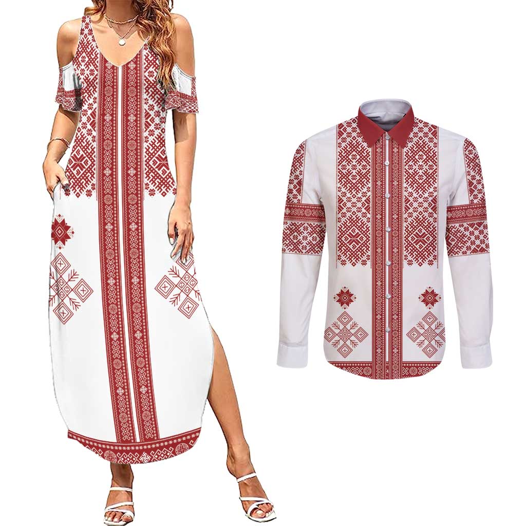 Latvia Jani Midsummer Couples Matching Summer Maxi Dress and Long Sleeve Button Shirt Red White Latvijas Auseklis