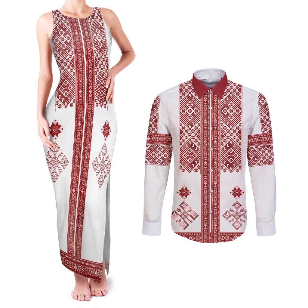 Latvia Jani Midsummer Couples Matching Tank Maxi Dress and Long Sleeve Button Shirt Red White Latvijas Auseklis