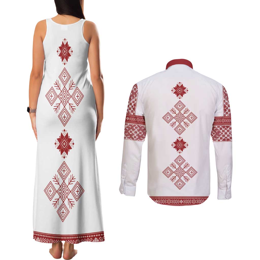 Latvia Jani Midsummer Couples Matching Tank Maxi Dress and Long Sleeve Button Shirt Red White Latvijas Auseklis