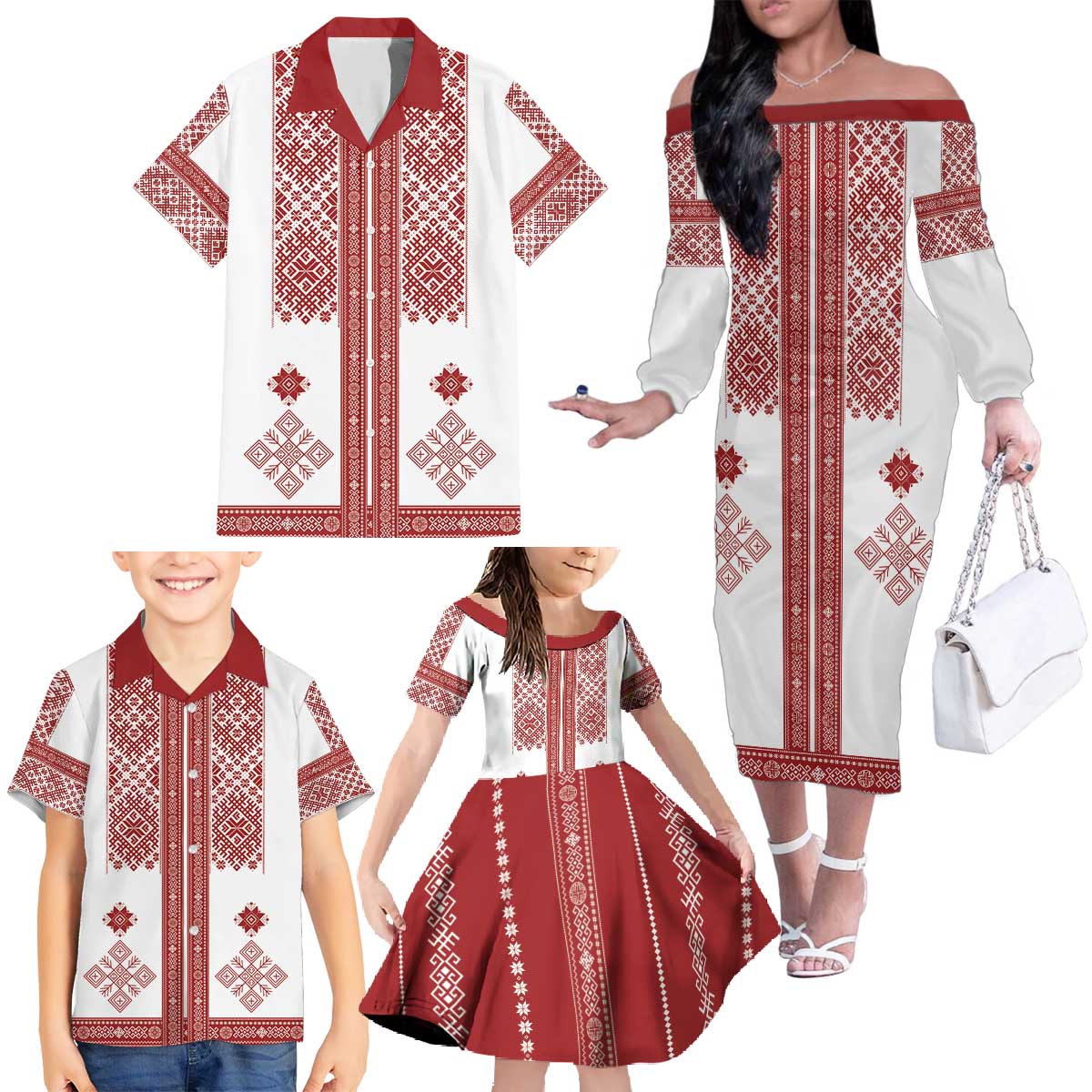 Latvia Jani Midsummer Family Matching Off The Shoulder Long Sleeve Dress and Hawaiian Shirt Red White Latvijas Auseklis
