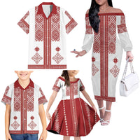 Latvia Jani Midsummer Family Matching Off The Shoulder Long Sleeve Dress and Hawaiian Shirt Red White Latvijas Auseklis