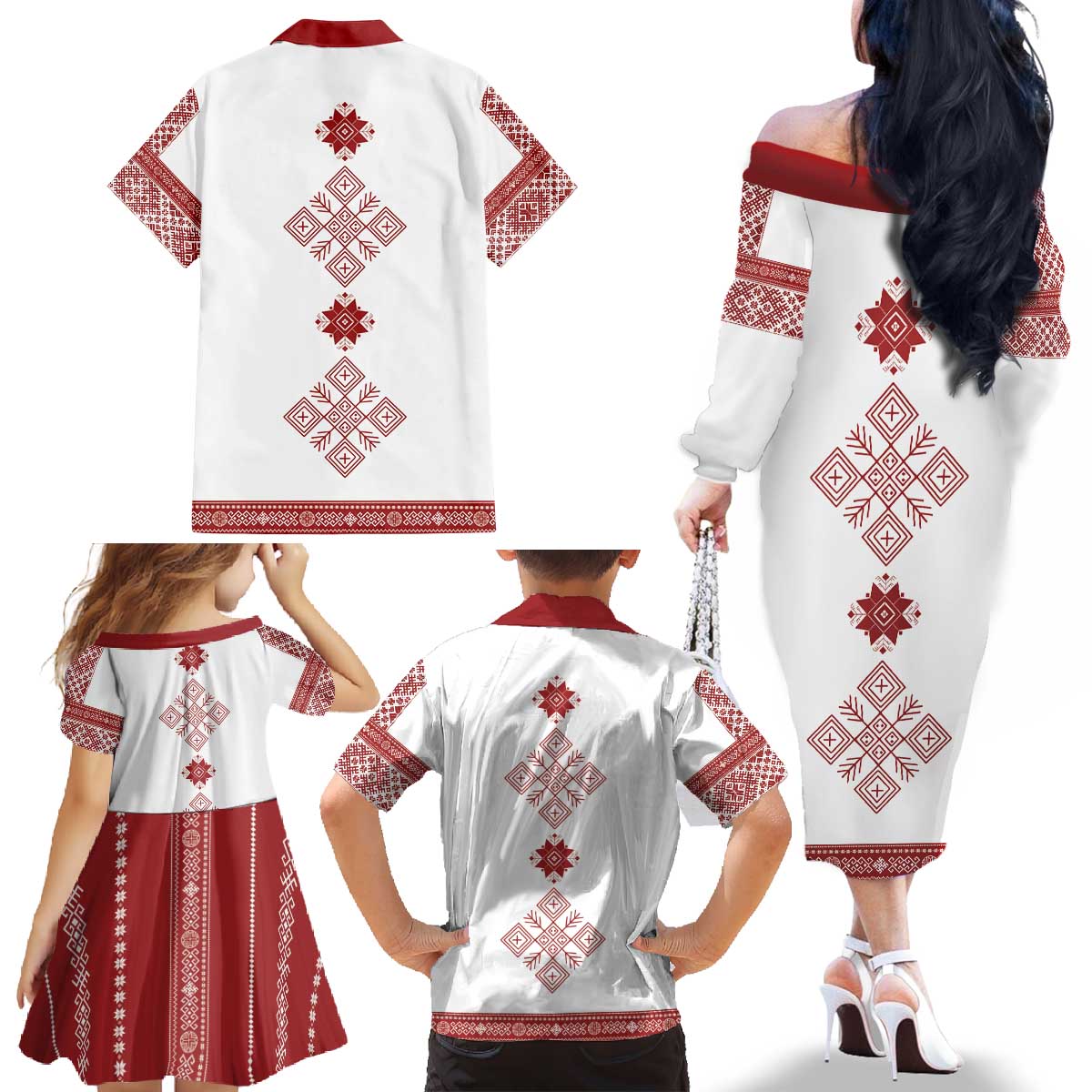 Latvia Jani Midsummer Family Matching Off The Shoulder Long Sleeve Dress and Hawaiian Shirt Red White Latvijas Auseklis
