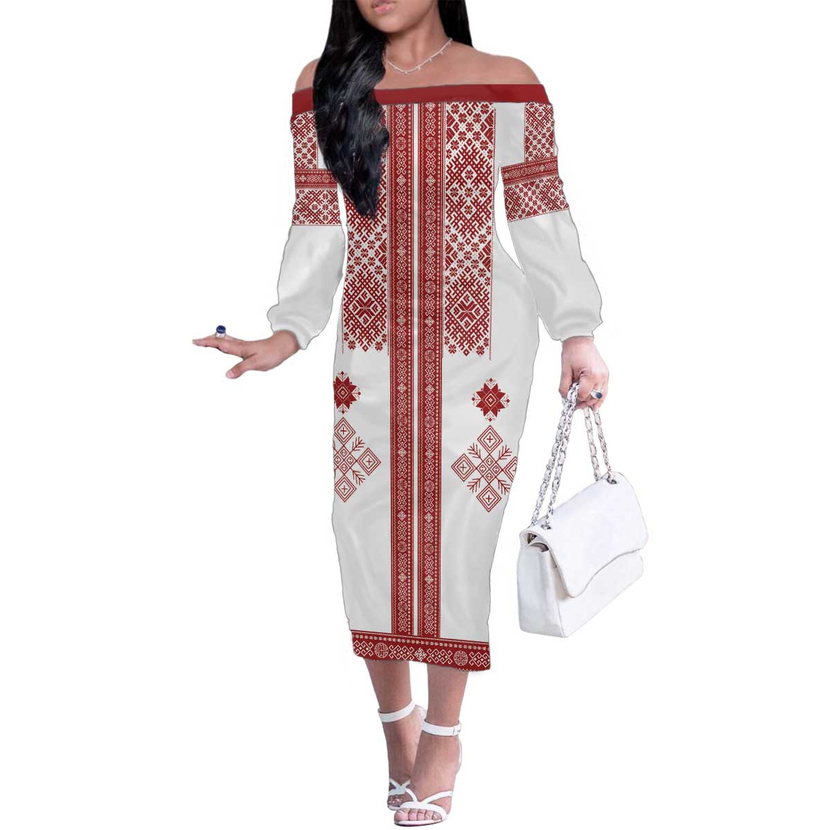 Latvia Jani Midsummer Family Matching Off The Shoulder Long Sleeve Dress and Hawaiian Shirt Red White Latvijas Auseklis