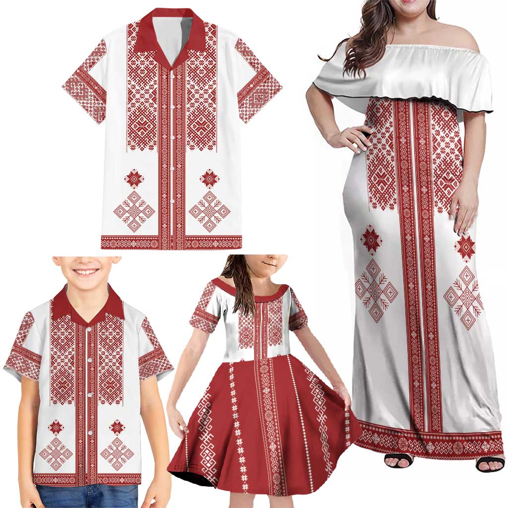 Latvia Jani Midsummer Family Matching Off Shoulder Maxi Dress and Hawaiian Shirt Red White Latvijas Auseklis