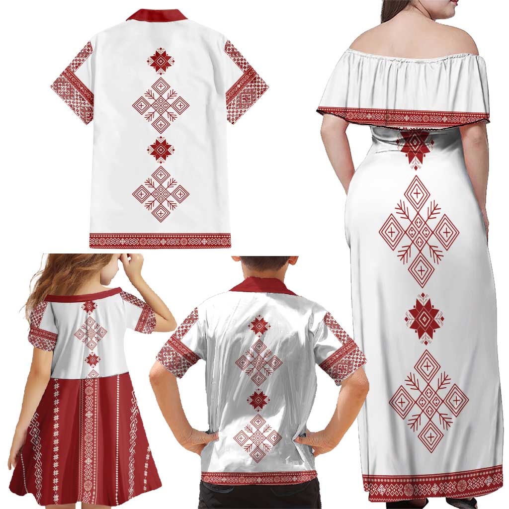Latvia Jani Midsummer Family Matching Off Shoulder Maxi Dress and Hawaiian Shirt Red White Latvijas Auseklis