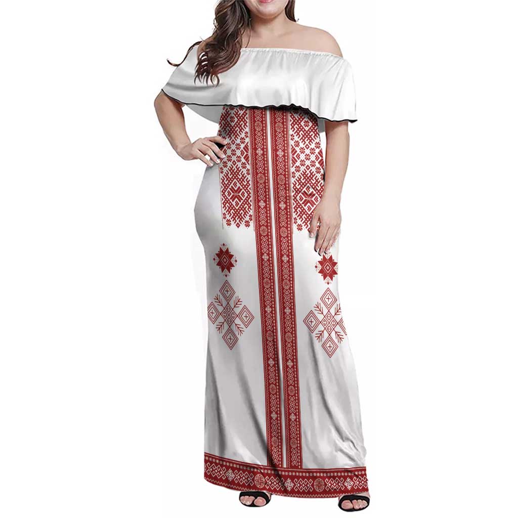 Latvia Jani Midsummer Family Matching Off Shoulder Maxi Dress and Hawaiian Shirt Red White Latvijas Auseklis