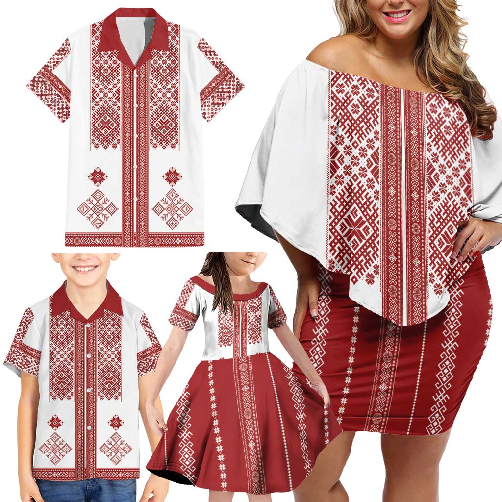 Latvia Jani Midsummer Family Matching Off Shoulder Short Dress and Hawaiian Shirt Red White Latvijas Auseklis