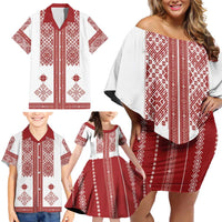 Latvia Jani Midsummer Family Matching Off Shoulder Short Dress and Hawaiian Shirt Red White Latvijas Auseklis