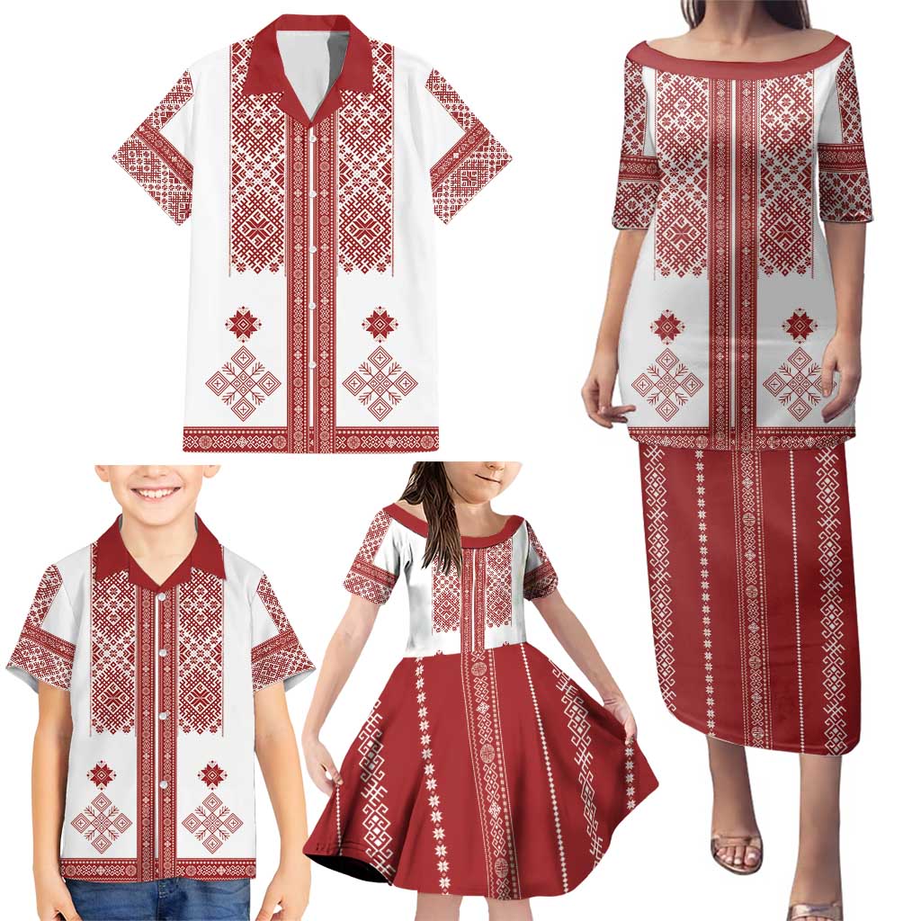Latvia Jani Midsummer Family Matching Puletasi and Hawaiian Shirt Red White Latvijas Auseklis