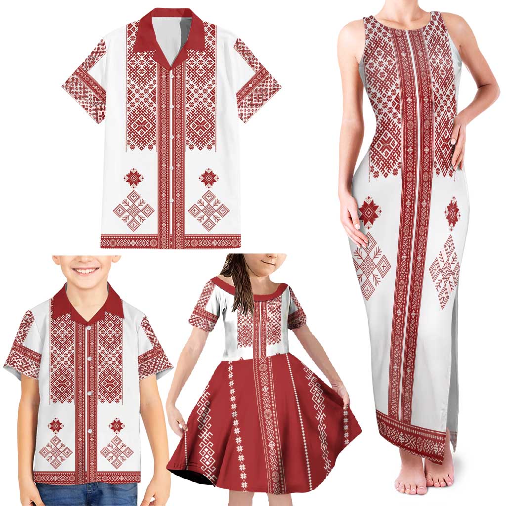 Latvia Jani Midsummer Family Matching Tank Maxi Dress and Hawaiian Shirt Red White Latvijas Auseklis