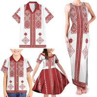 Latvia Jani Midsummer Family Matching Tank Maxi Dress and Hawaiian Shirt Red White Latvijas Auseklis