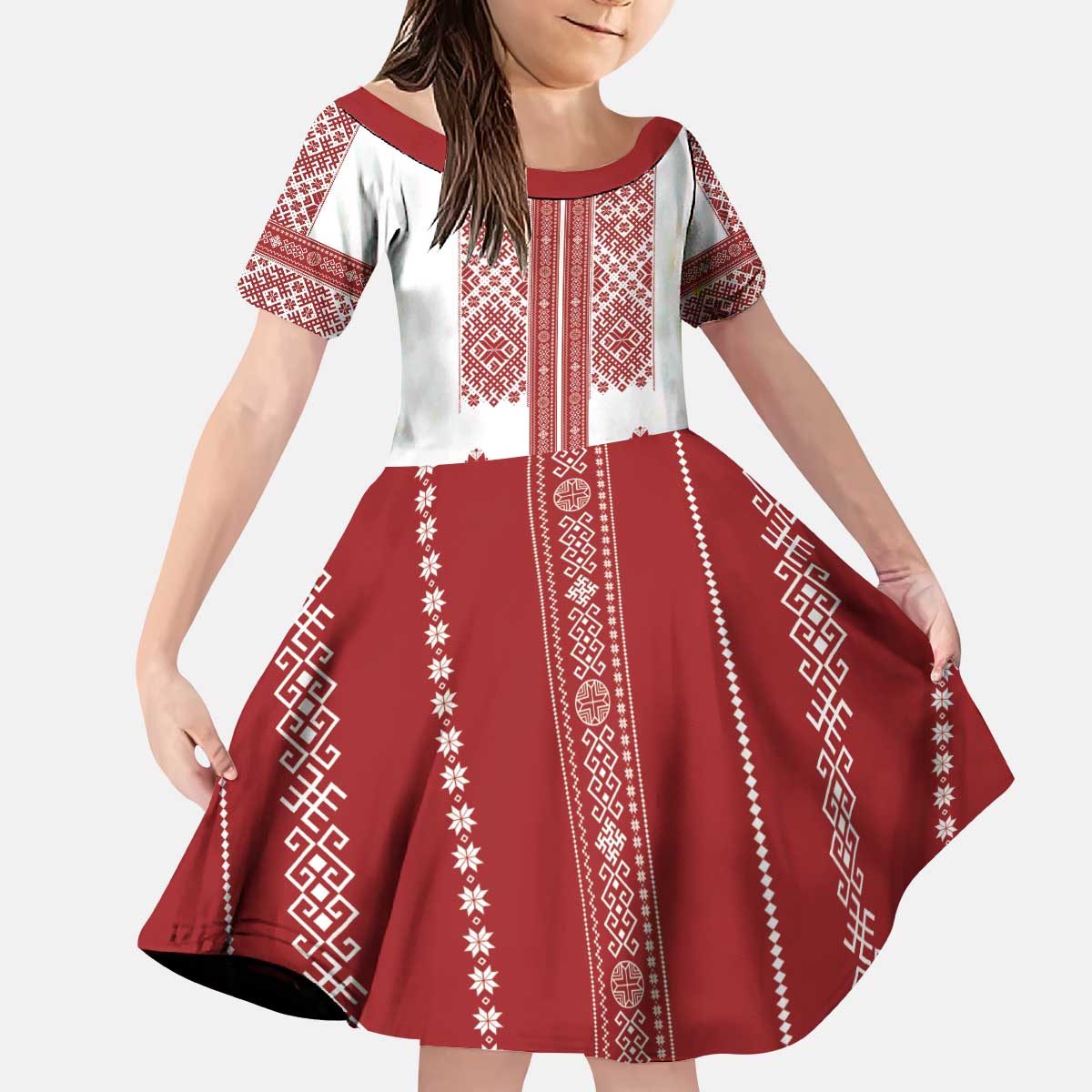 Latvia Jani Midsummer Kid Short Sleeve Dress Red White Latvijas Auseklis