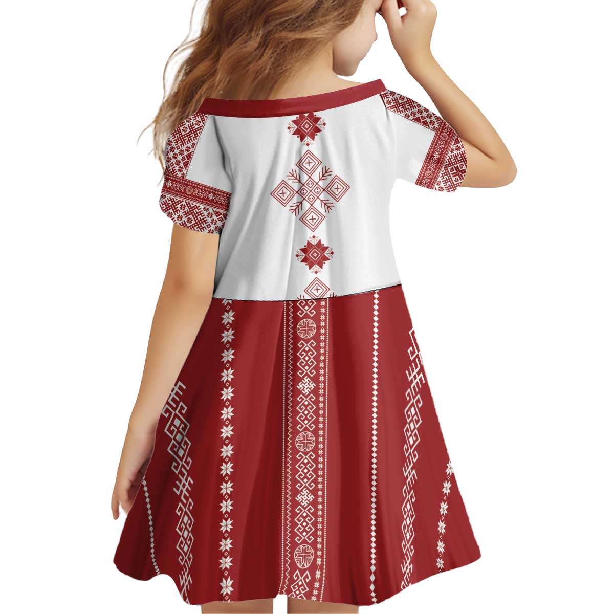 Latvia Jani Midsummer Kid Short Sleeve Dress Red White Latvijas Auseklis