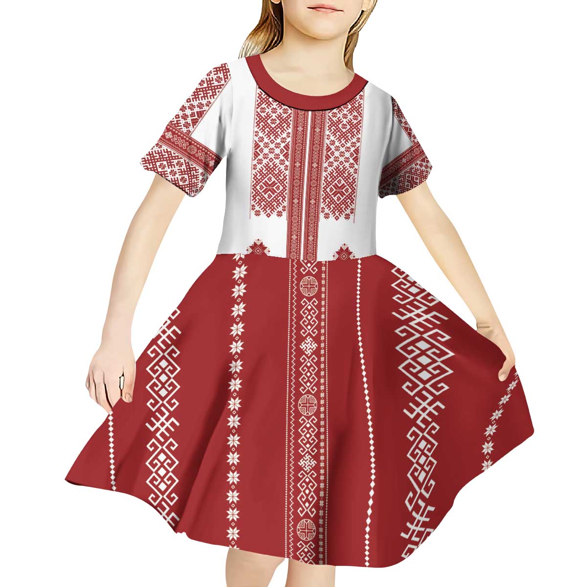 Latvia Jani Midsummer Kid Short Sleeve Dress Red White Latvijas Auseklis