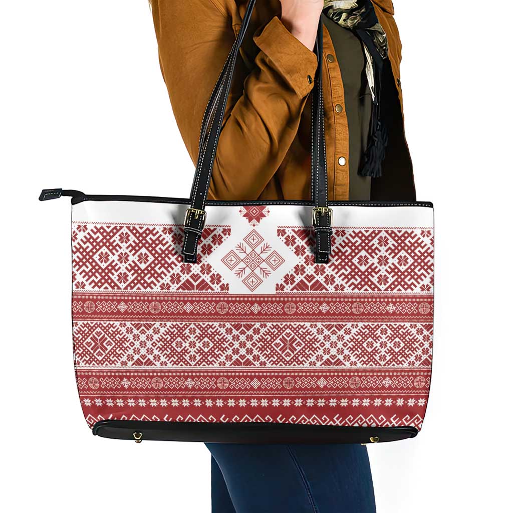 Latvia Jani Midsummer Leather Tote Bag Red White Latvijas Auseklis