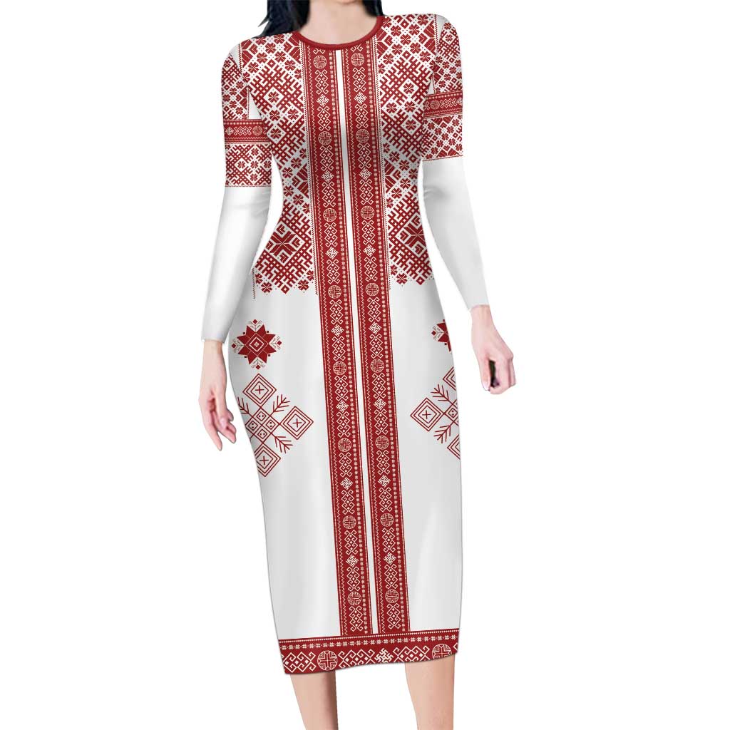 Latvia Jani Midsummer Long Sleeve Bodycon Dress Red White Latvijas Auseklis