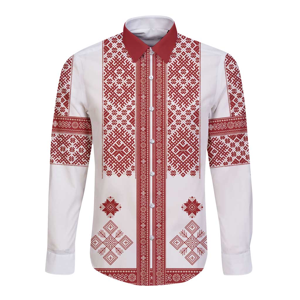 Latvia Jani Midsummer Long Sleeve Button Shirt Red White Latvijas Auseklis