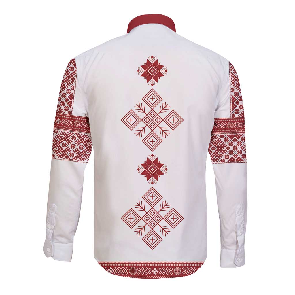 Latvia Jani Midsummer Long Sleeve Button Shirt Red White Latvijas Auseklis