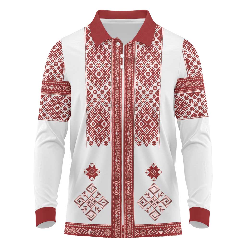 Latvia Jani Midsummer Long Sleeve Polo Shirt Red White Latvijas Auseklis