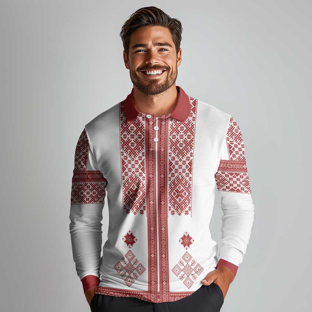 Latvia Jani Midsummer Long Sleeve Polo Shirt Red White Latvijas Auseklis