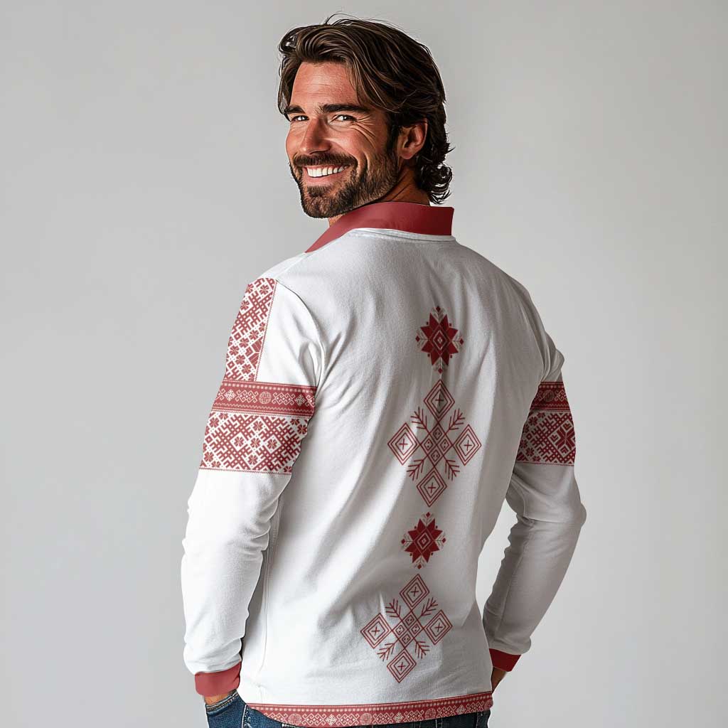 Latvia Jani Midsummer Long Sleeve Polo Shirt Red White Latvijas Auseklis