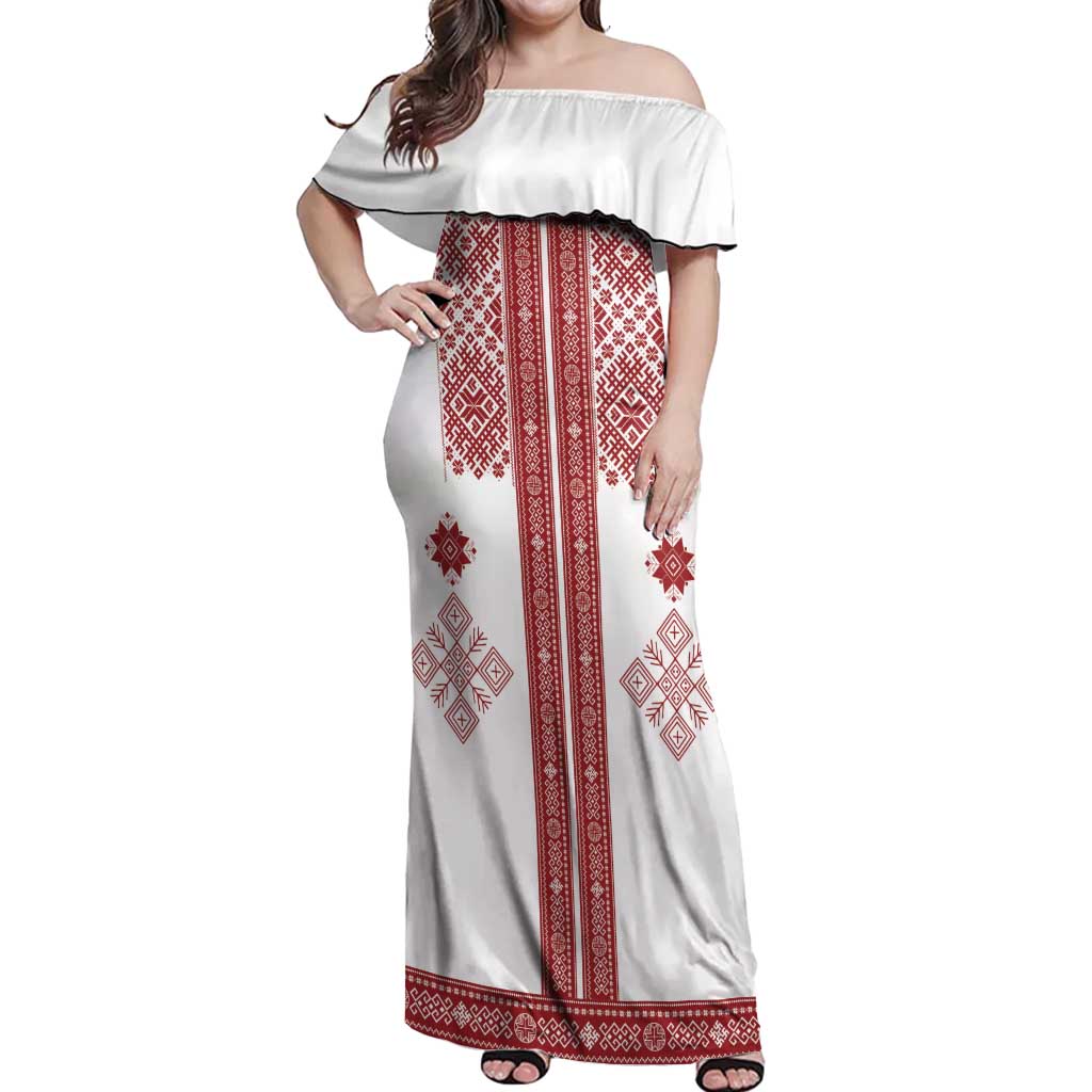 Latvia Jani Midsummer Off Shoulder Maxi Dress Red White Latvijas Auseklis