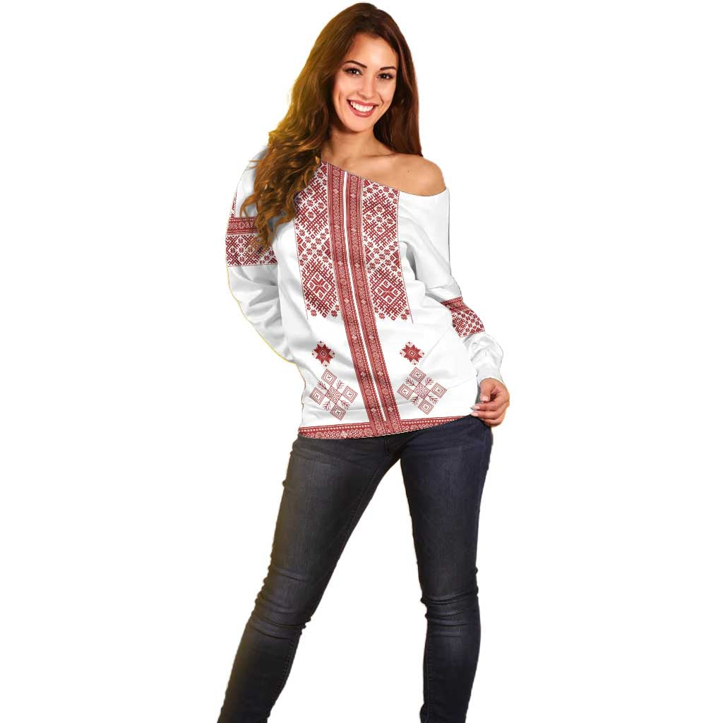Latvia Jani Midsummer Off Shoulder Sweater Red White Latvijas Auseklis