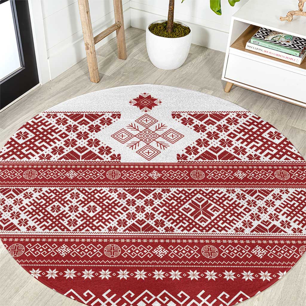 Latvia Jani Midsummer Round Carpet Red White Latvijas Auseklis