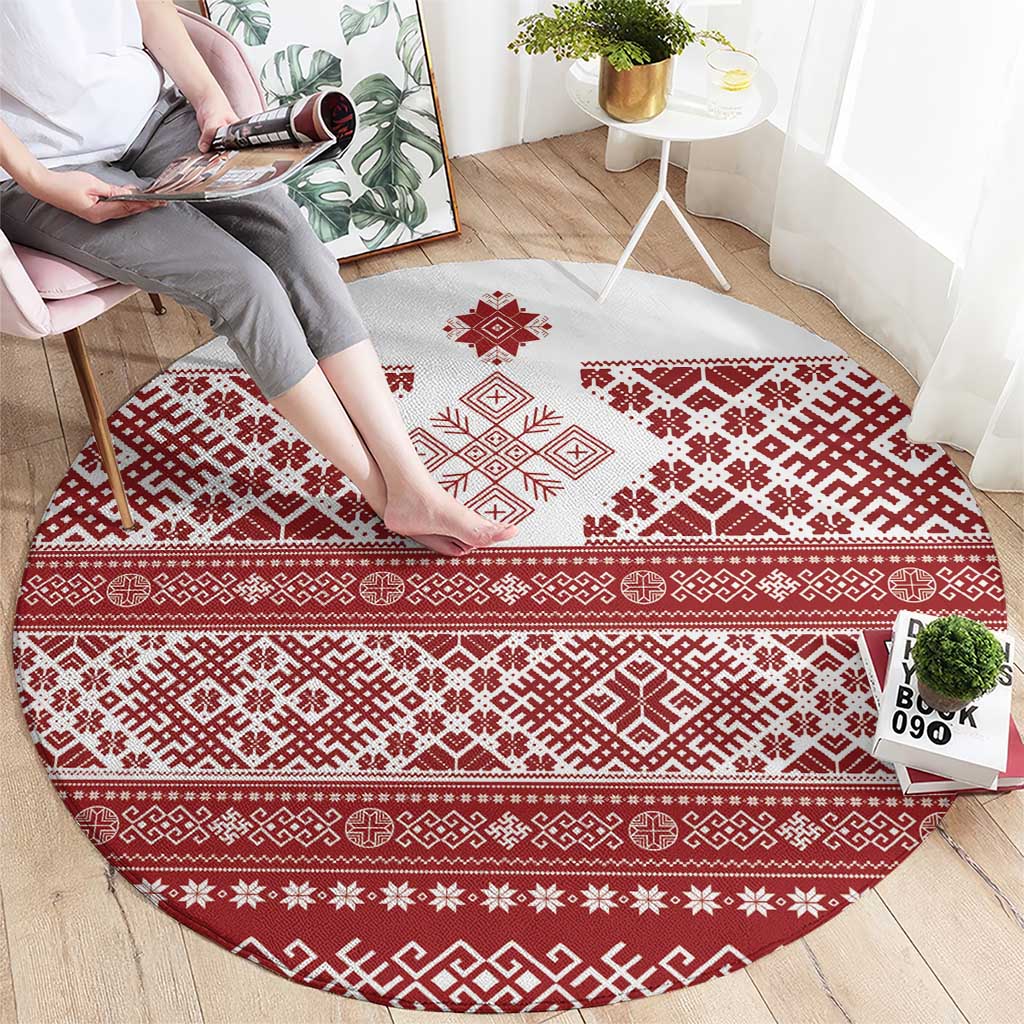 Latvia Jani Midsummer Round Carpet Red White Latvijas Auseklis