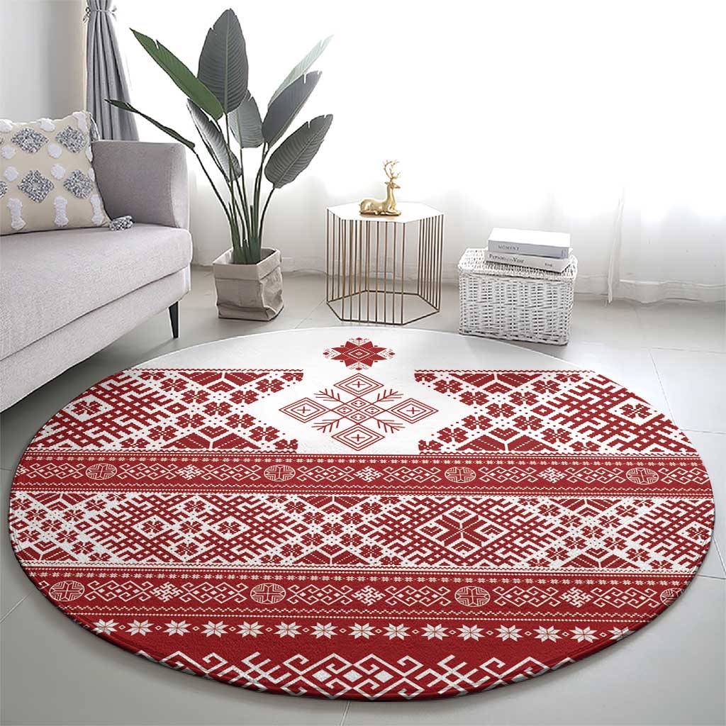 Latvia Jani Midsummer Round Carpet Red White Latvijas Auseklis