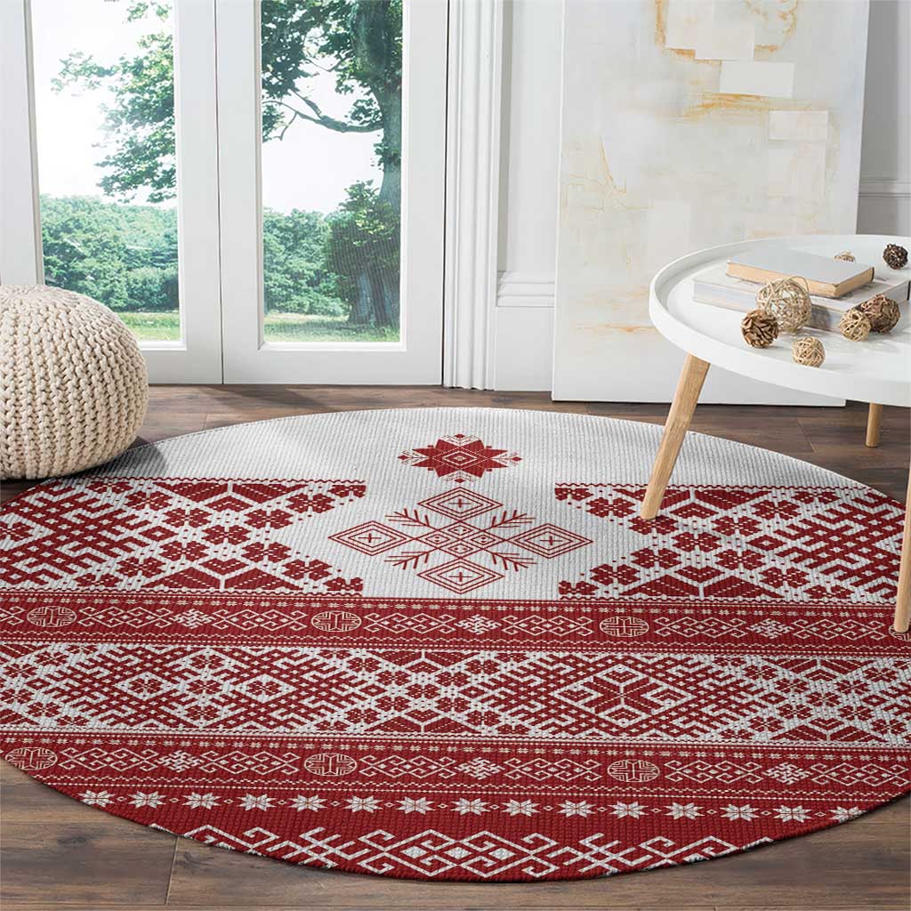 Latvia Jani Midsummer Round Carpet Red White Latvijas Auseklis