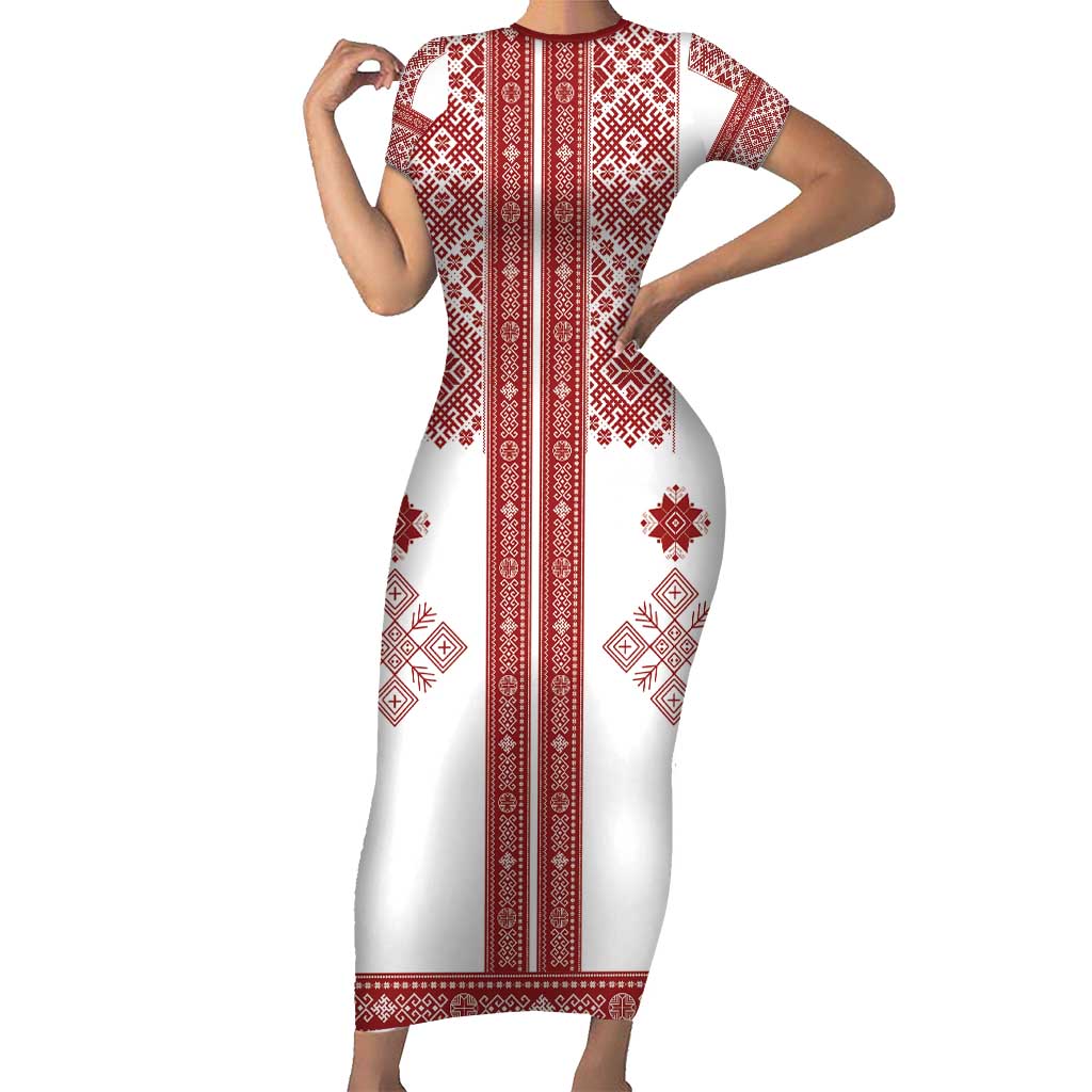 Latvia Jani Midsummer Short Sleeve Bodycon Dress Red White Latvijas Auseklis