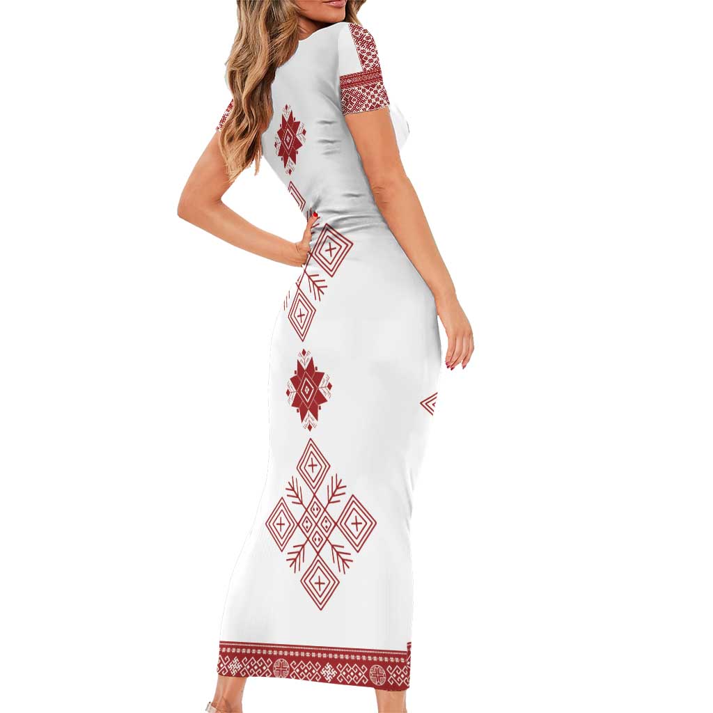 Latvia Jani Midsummer Short Sleeve Bodycon Dress Red White Latvijas Auseklis