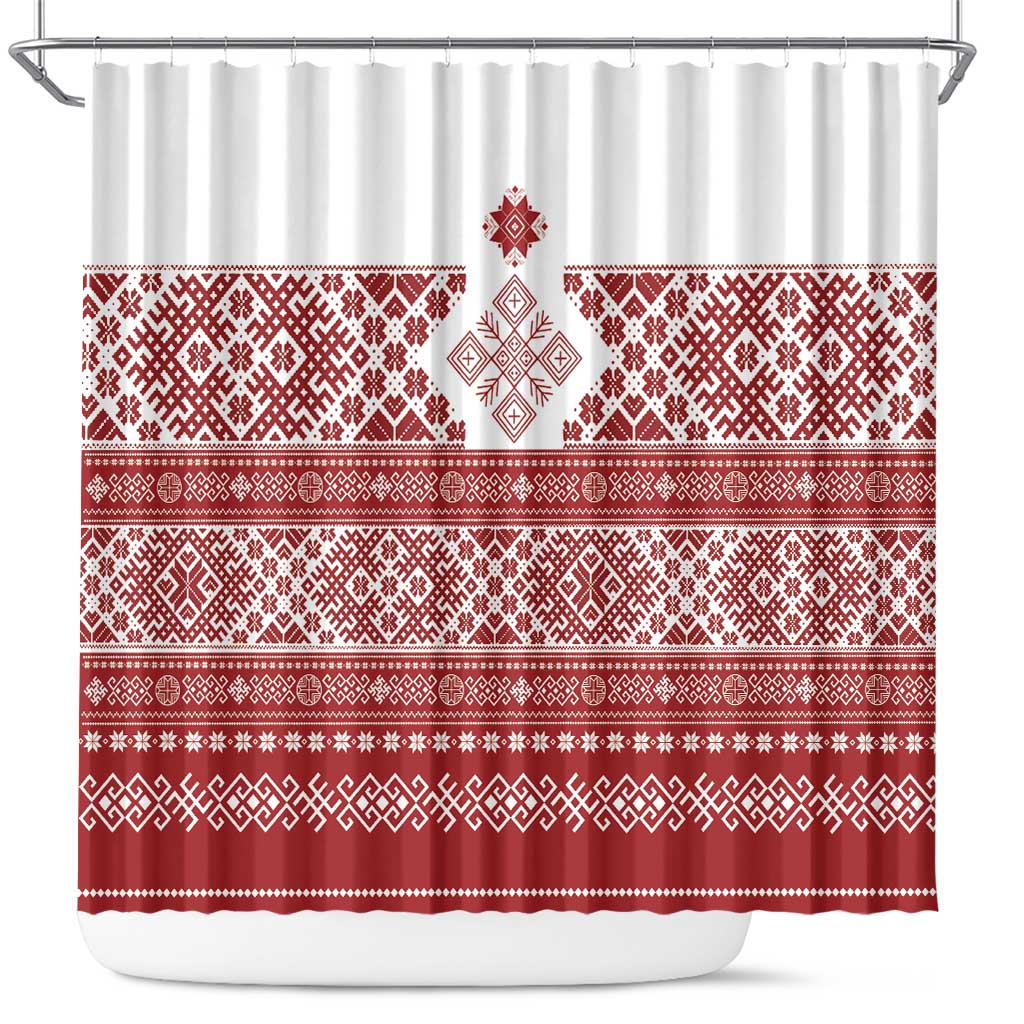 Latvia Jani Midsummer Shower Curtain Red White Latvijas Auseklis
