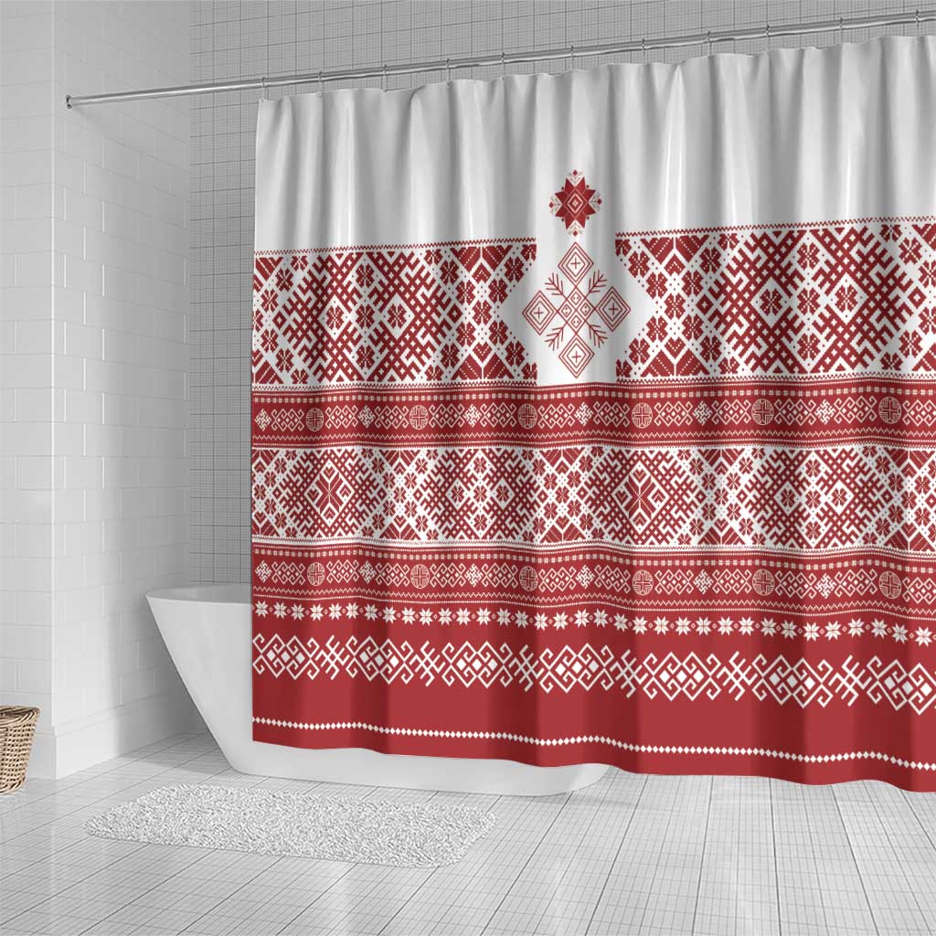 Latvia Jani Midsummer Shower Curtain Red White Latvijas Auseklis