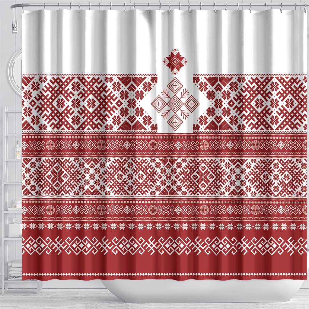 Latvia Jani Midsummer Shower Curtain Red White Latvijas Auseklis