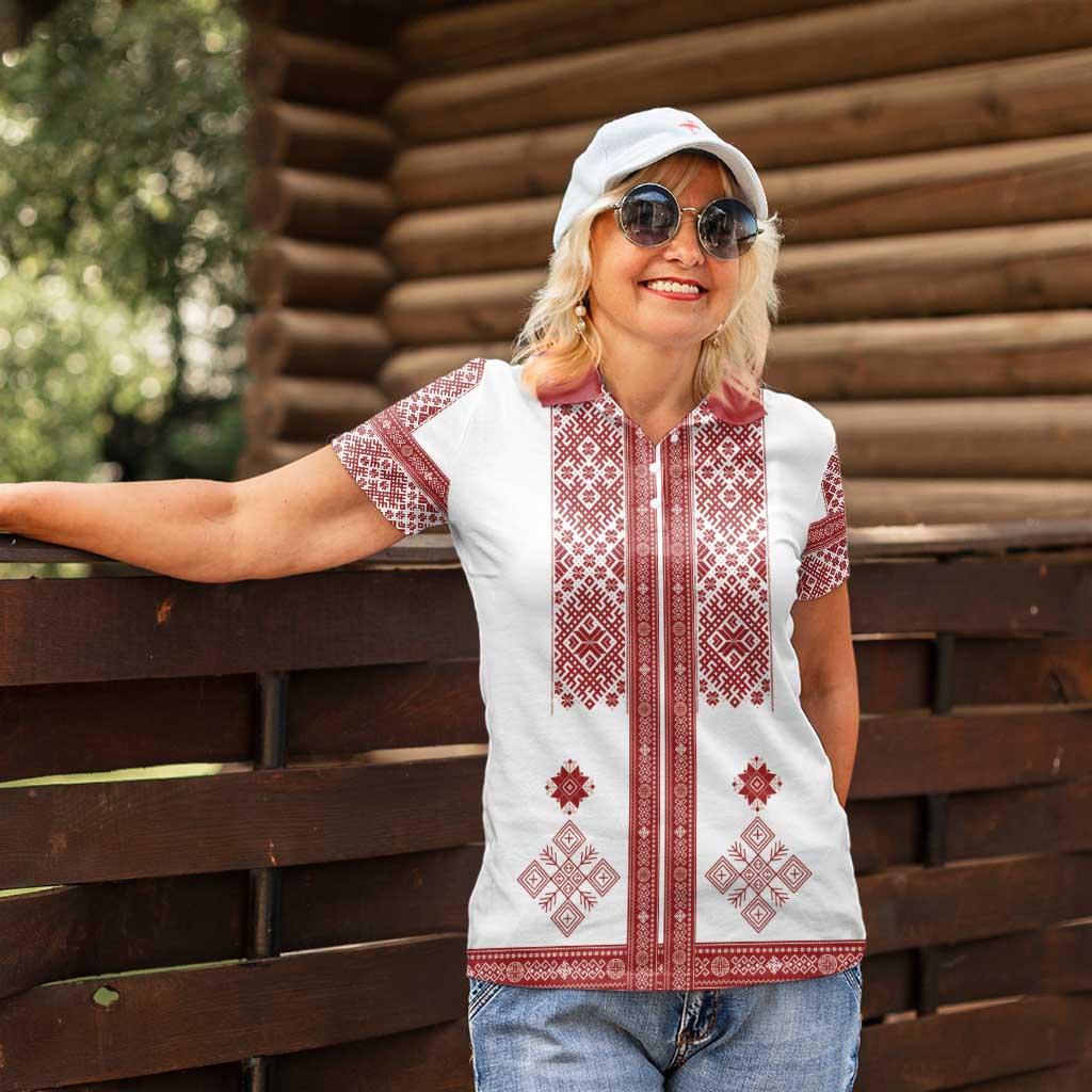 Latvia Jani Midsummer Women Polo Shirt Red White Latvijas Auseklis