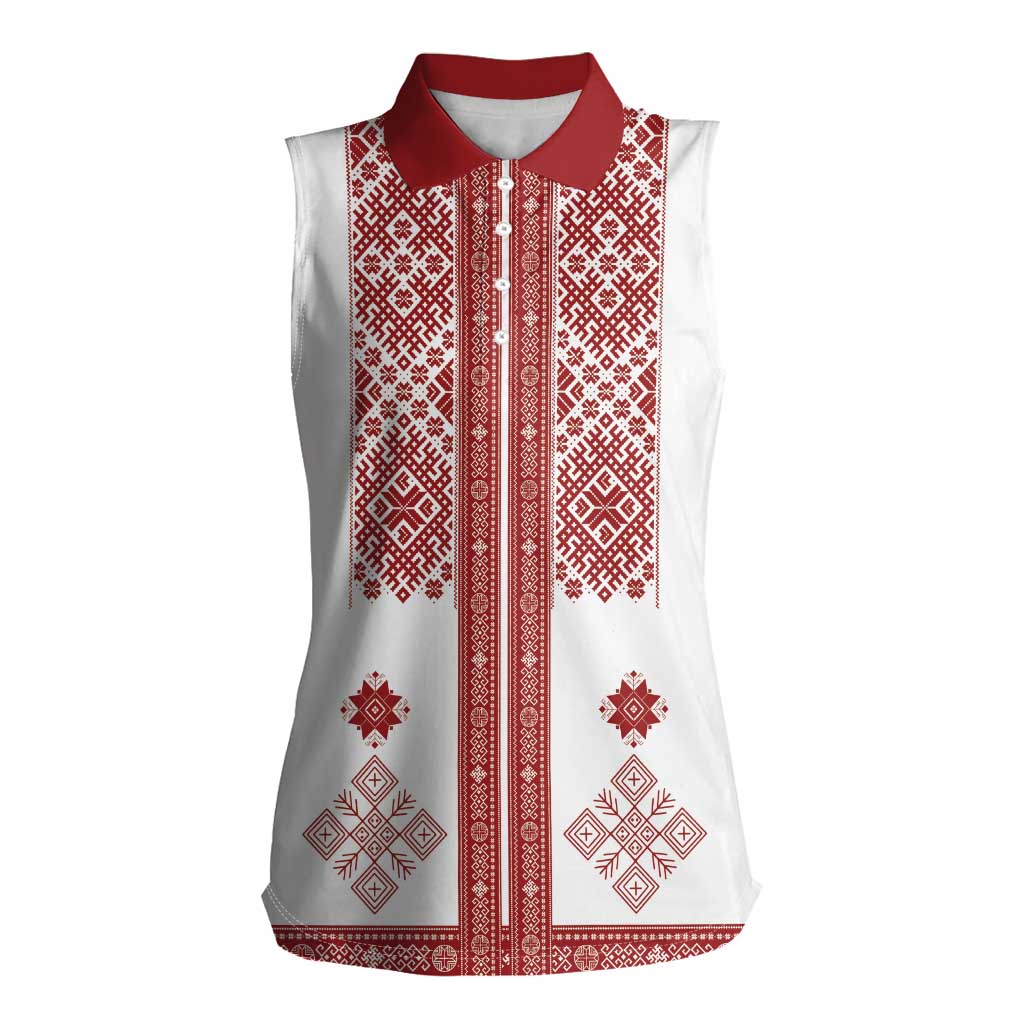 Latvia Jani Midsummer Women Sleeveless Polo Shirt Red White Latvijas Auseklis