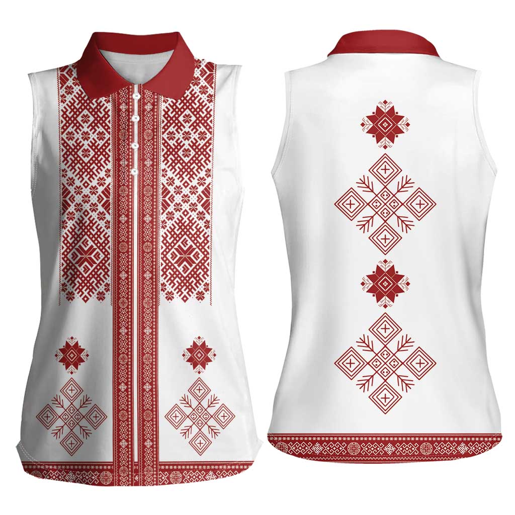 Latvia Jani Midsummer Women Sleeveless Polo Shirt Red White Latvijas Auseklis