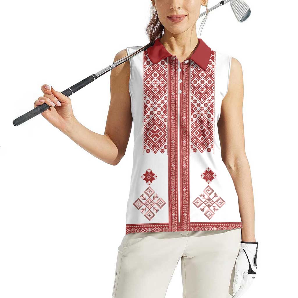 Latvia Jani Midsummer Women Sleeveless Polo Shirt Red White Latvijas Auseklis