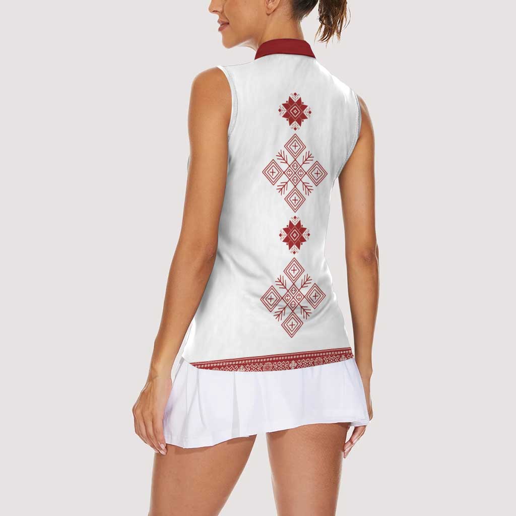 Latvia Jani Midsummer Women Sleeveless Polo Shirt Red White Latvijas Auseklis