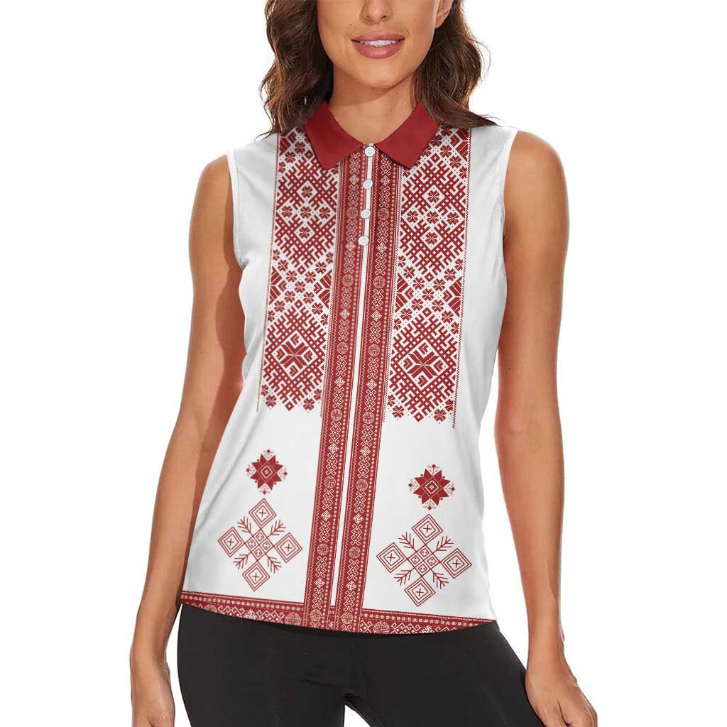 Latvia Jani Midsummer Women Sleeveless Polo Shirt Red White Latvijas Auseklis