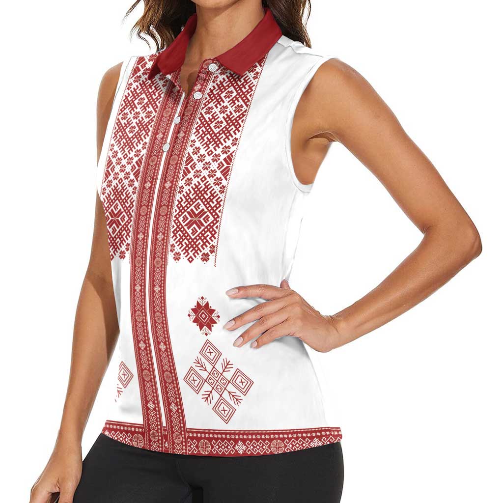 Latvia Jani Midsummer Women Sleeveless Polo Shirt Red White Latvijas Auseklis