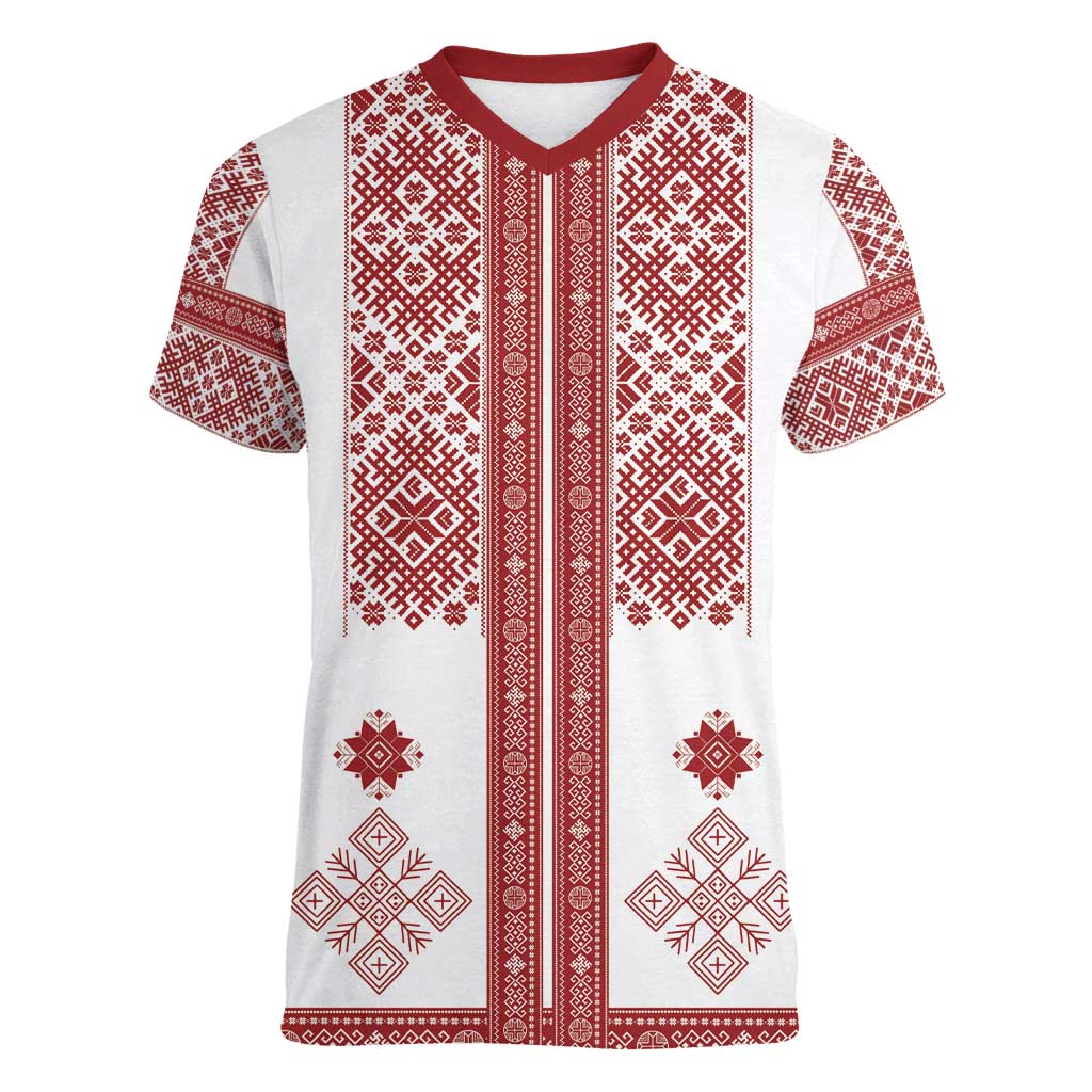 Latvia Jani Midsummer Women V-Neck T-Shirt Red White Latvijas Auseklis