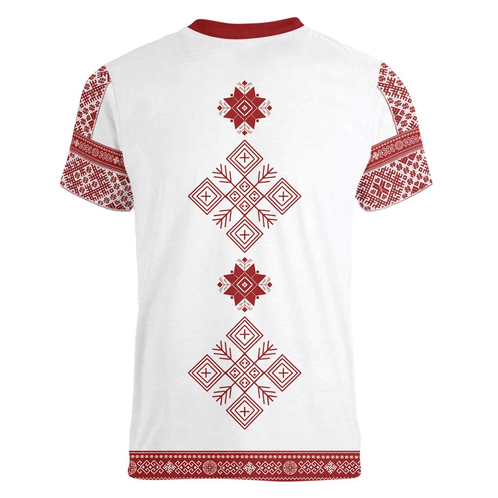 Latvia Jani Midsummer Women V-Neck T-Shirt Red White Latvijas Auseklis